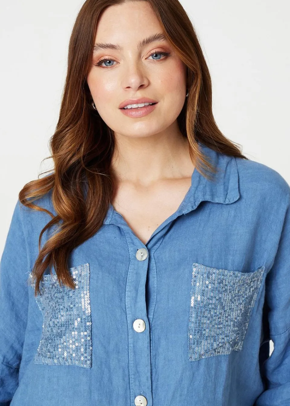 Tops>Izabel London Blue Sequin Detail 3/4 Turn-Up Sleeve Shirt