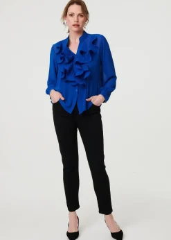 Tops>Izabel London Blue Sheer Ruffled V-Neck Long Sleeve Blouse