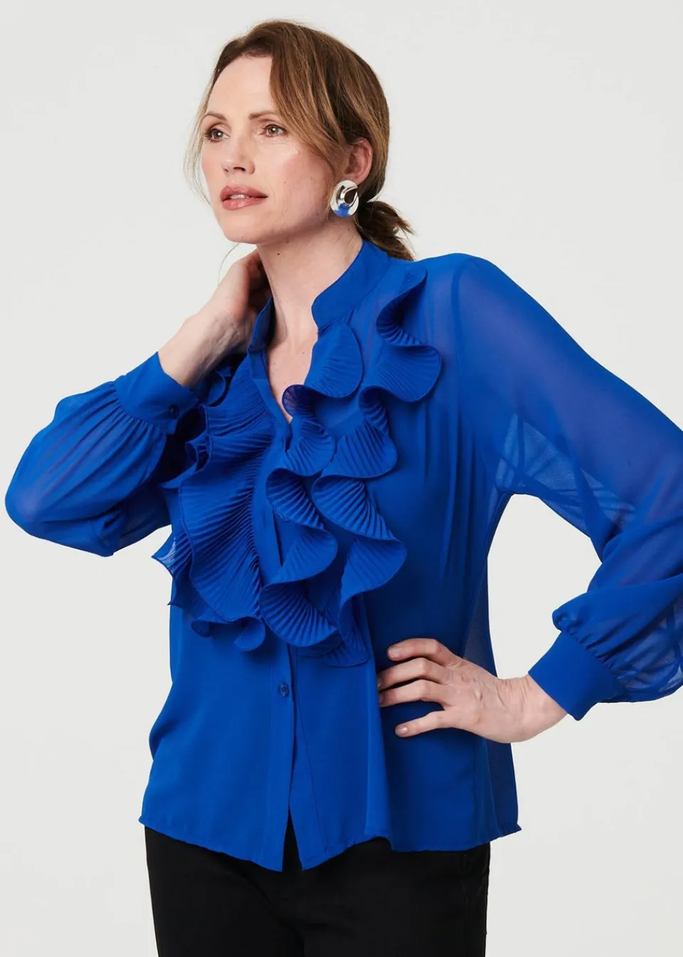 Tops>Izabel London Blue Sheer Ruffled V-Neck Long Sleeve Blouse