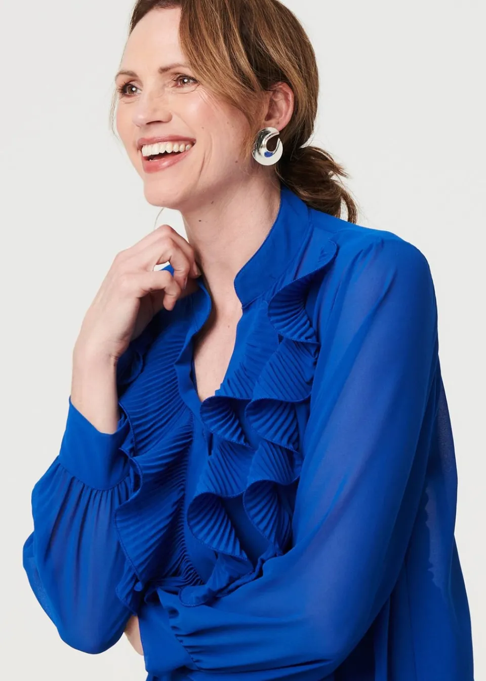 Tops>Izabel London Blue Sheer Ruffled V-Neck Long Sleeve Blouse