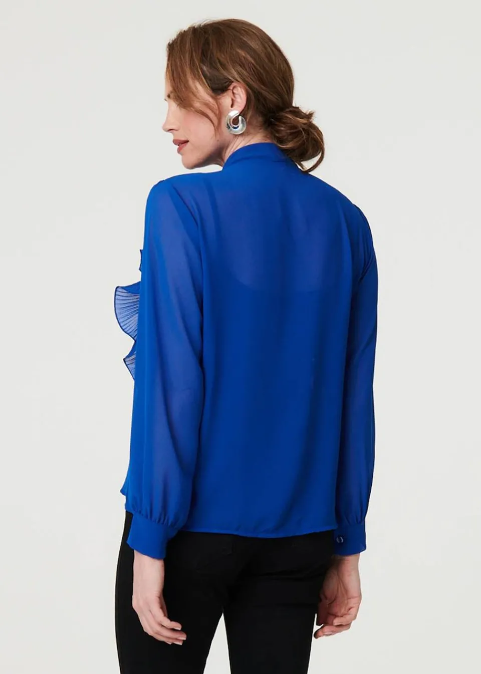 Tops>Izabel London Blue Sheer Ruffled V-Neck Long Sleeve Blouse