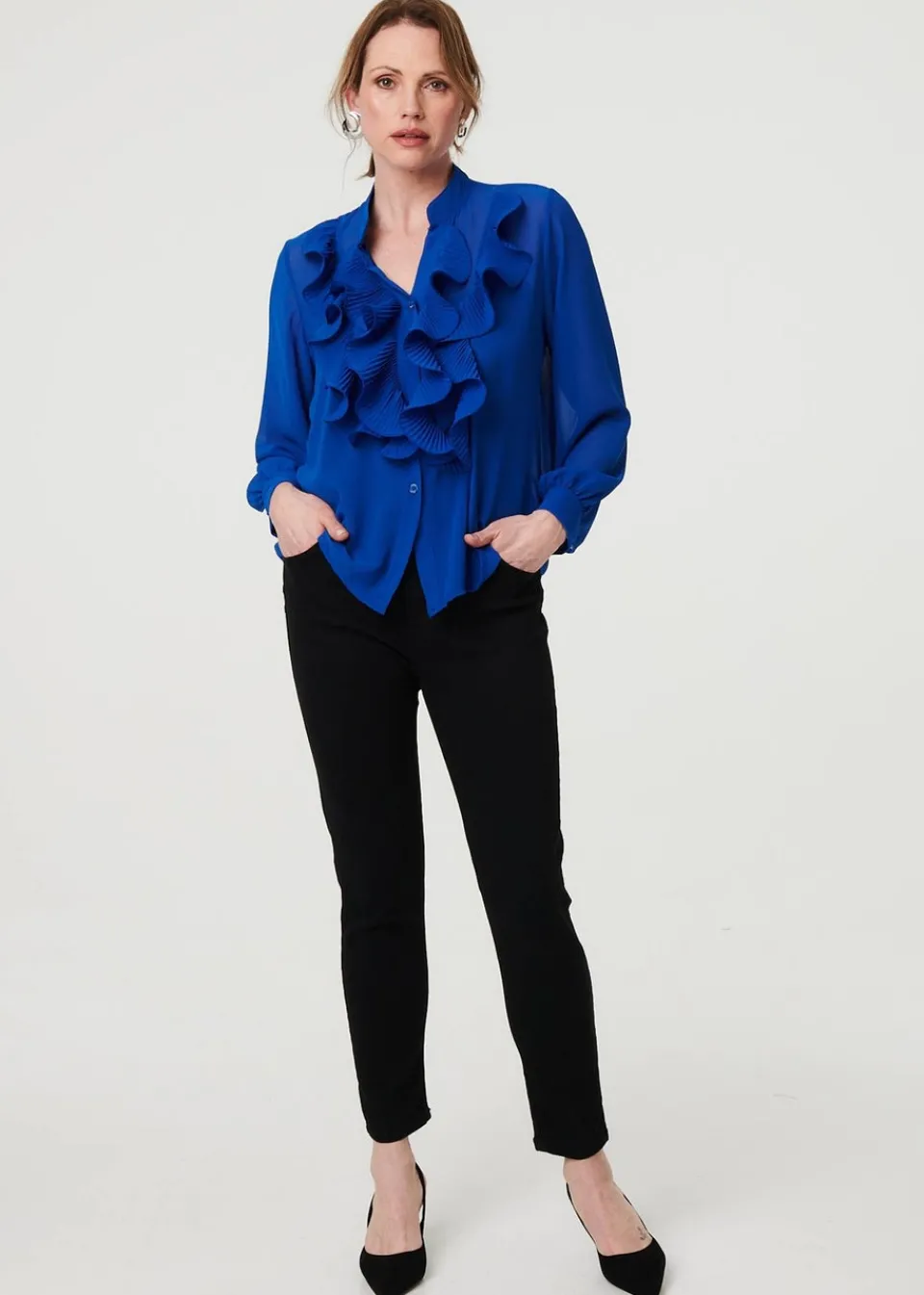 Tops>Izabel London Blue Sheer Ruffled V-Neck Long Sleeve Blouse