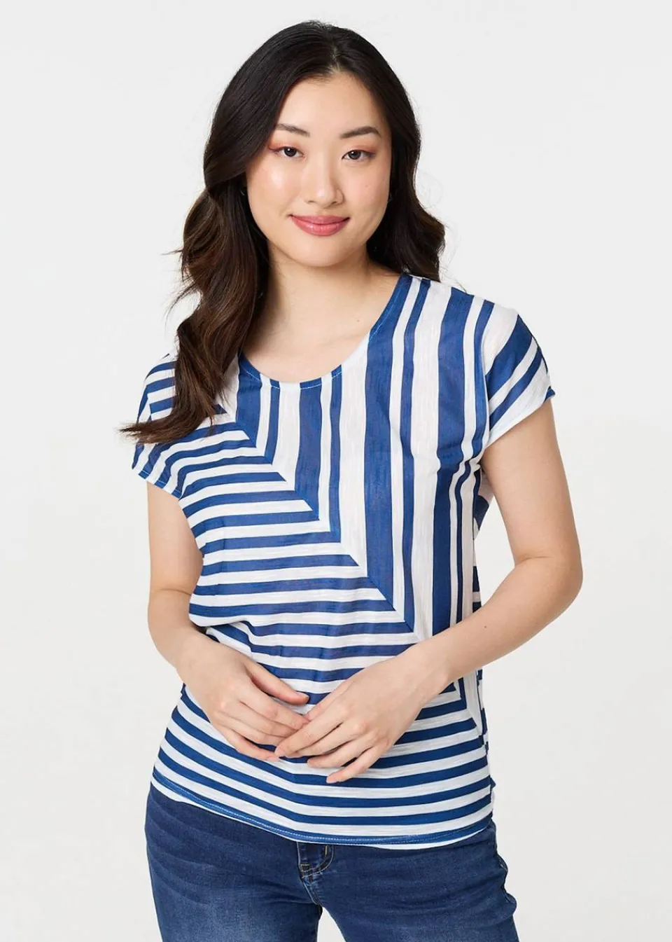 T-Shirts>Izabel London Blue Striped Short Sleeve Relaxed T-Shirt