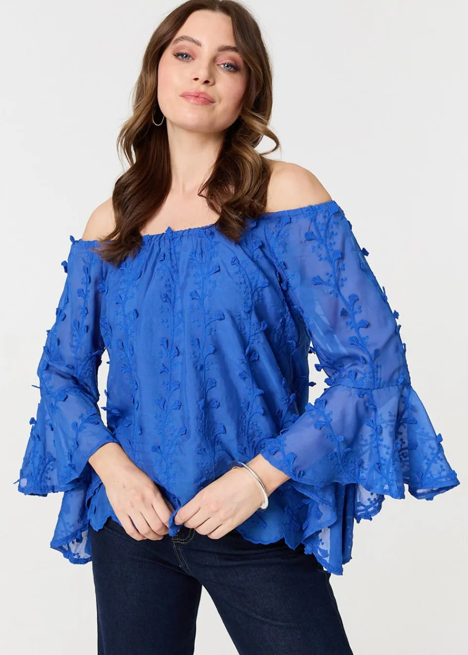 Tops>Izabel London Blue Textured Semi Sheer Bardot Blouse