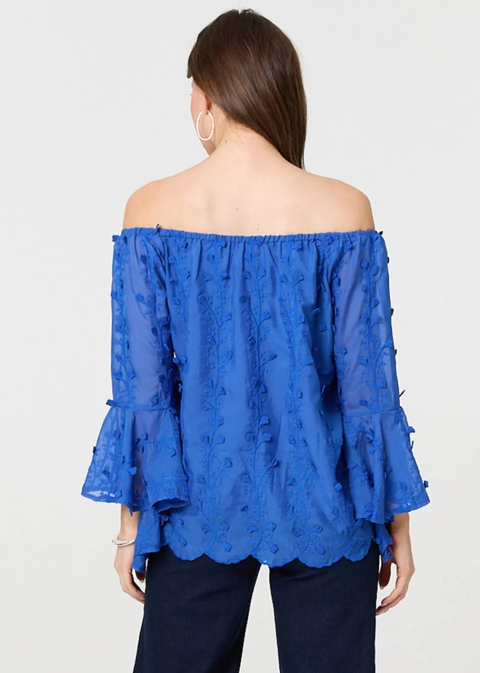 Tops>Izabel London Blue Textured Semi Sheer Bardot Blouse