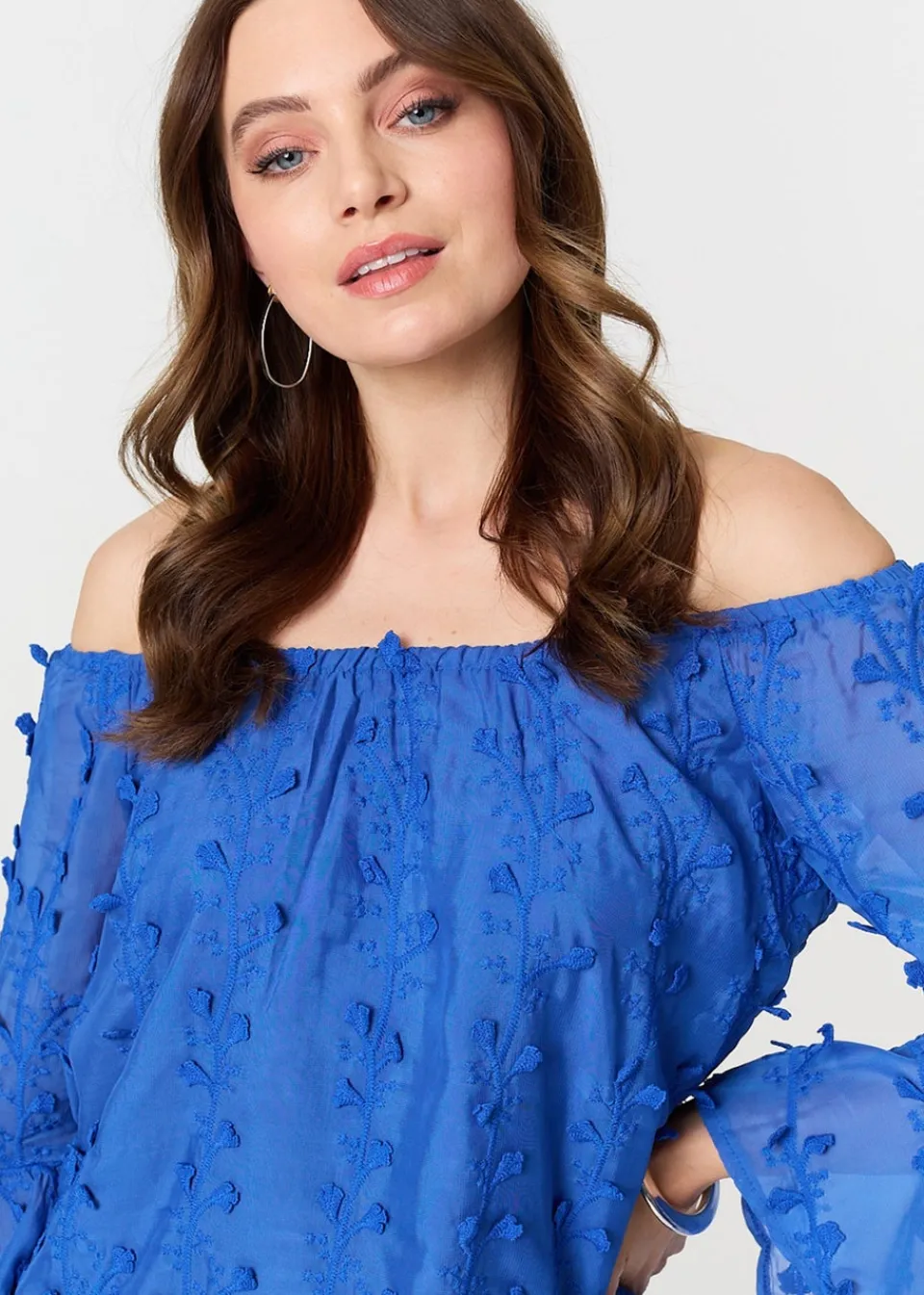 Tops>Izabel London Blue Textured Semi Sheer Bardot Blouse