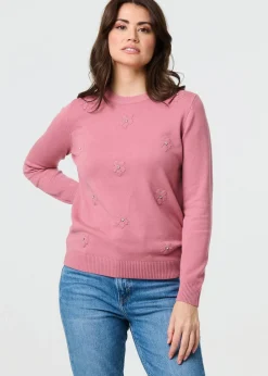 Tops>Izabel London Blush Floral Gemstone Embellished Jumper