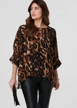 Tops>Izabel London Brown Animal Print Blouse Top