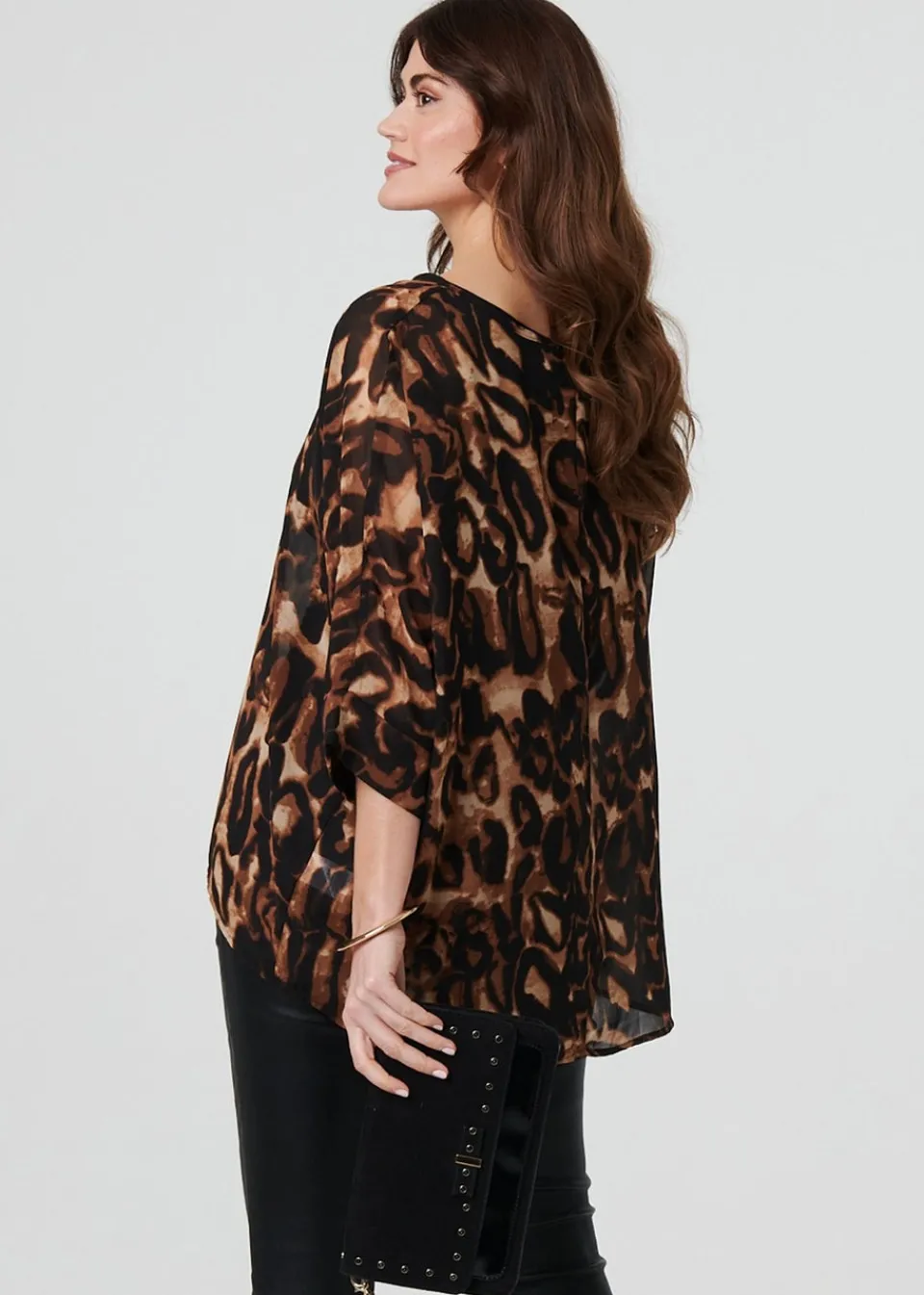 Tops>Izabel London Brown Animal Print Blouse Top