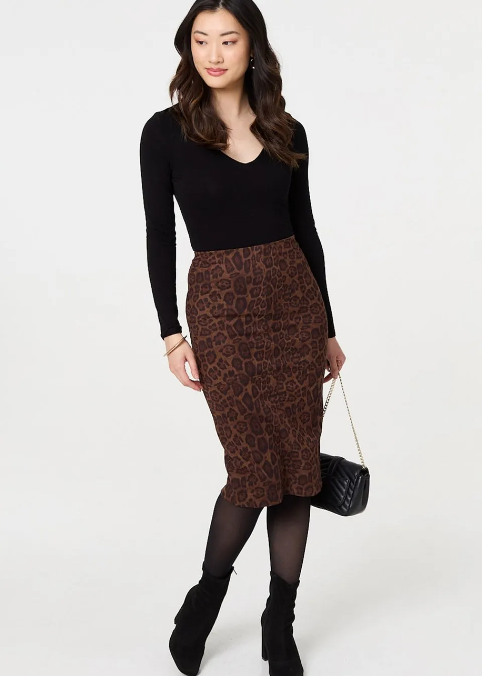 Skirts>Izabel London Brown Animal Print Knee Length Pencil Skirt