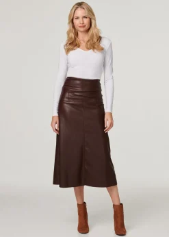 Skirts>Izabel London Brown Faux Leather High Waist Midi Skirt