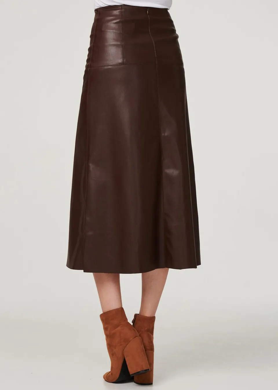Skirts>Izabel London Brown Faux Leather High Waist Midi Skirt