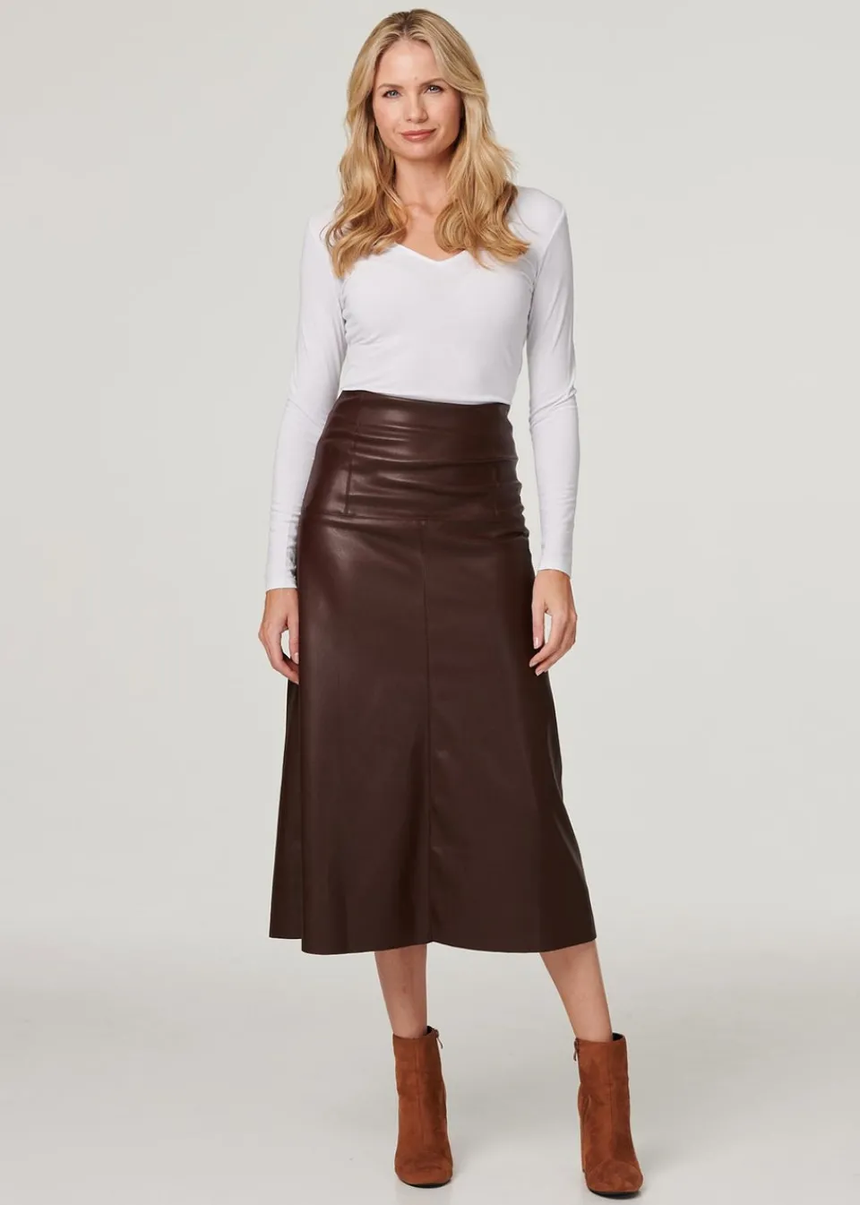 Skirts>Izabel London Brown Faux Leather High Waist Midi Skirt