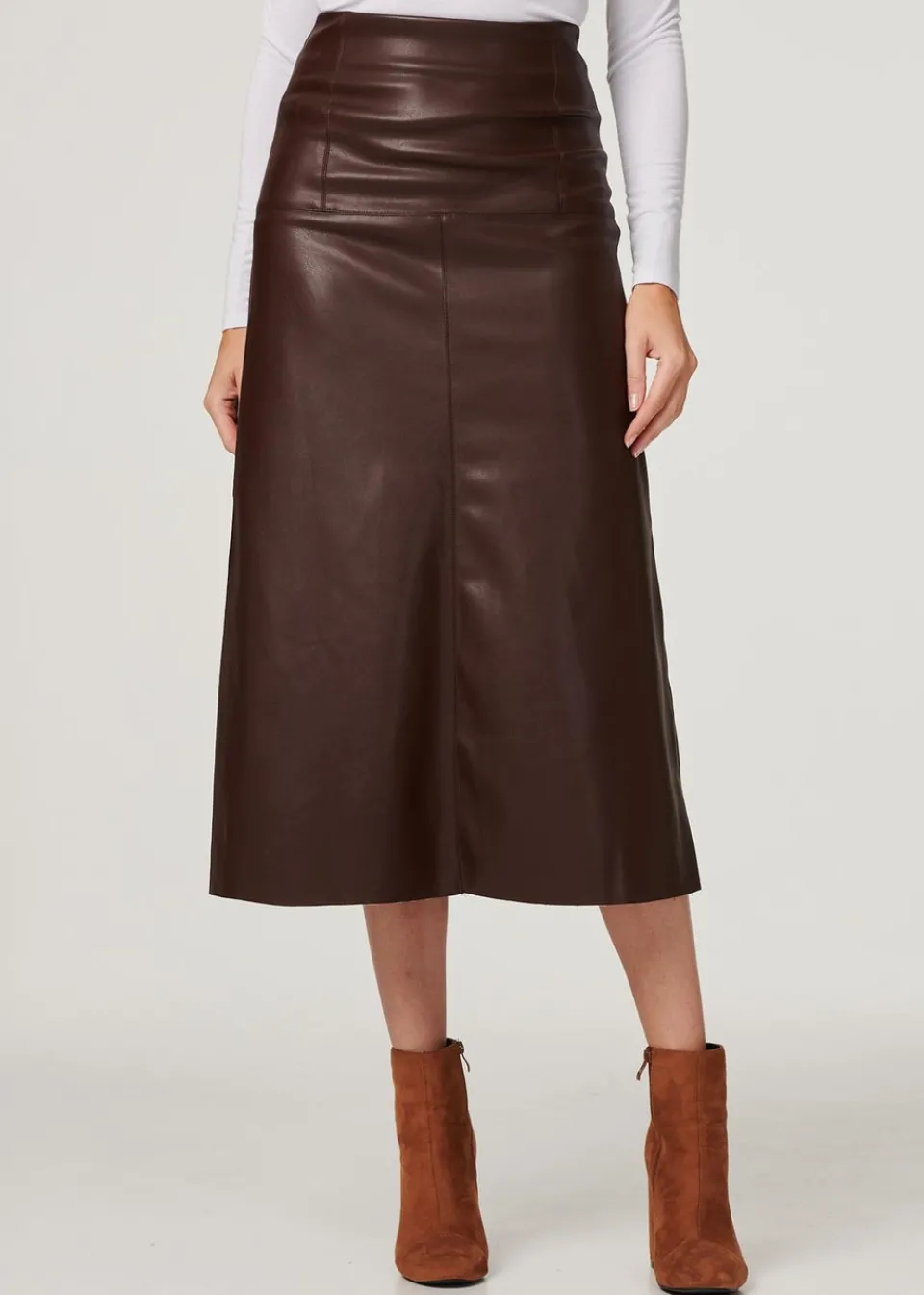 Skirts>Izabel London Brown Faux Leather High Waist Midi Skirt