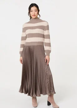 Knitwear>Izabel London Brown Striped High Neck Pleat Knit Maxi Dress