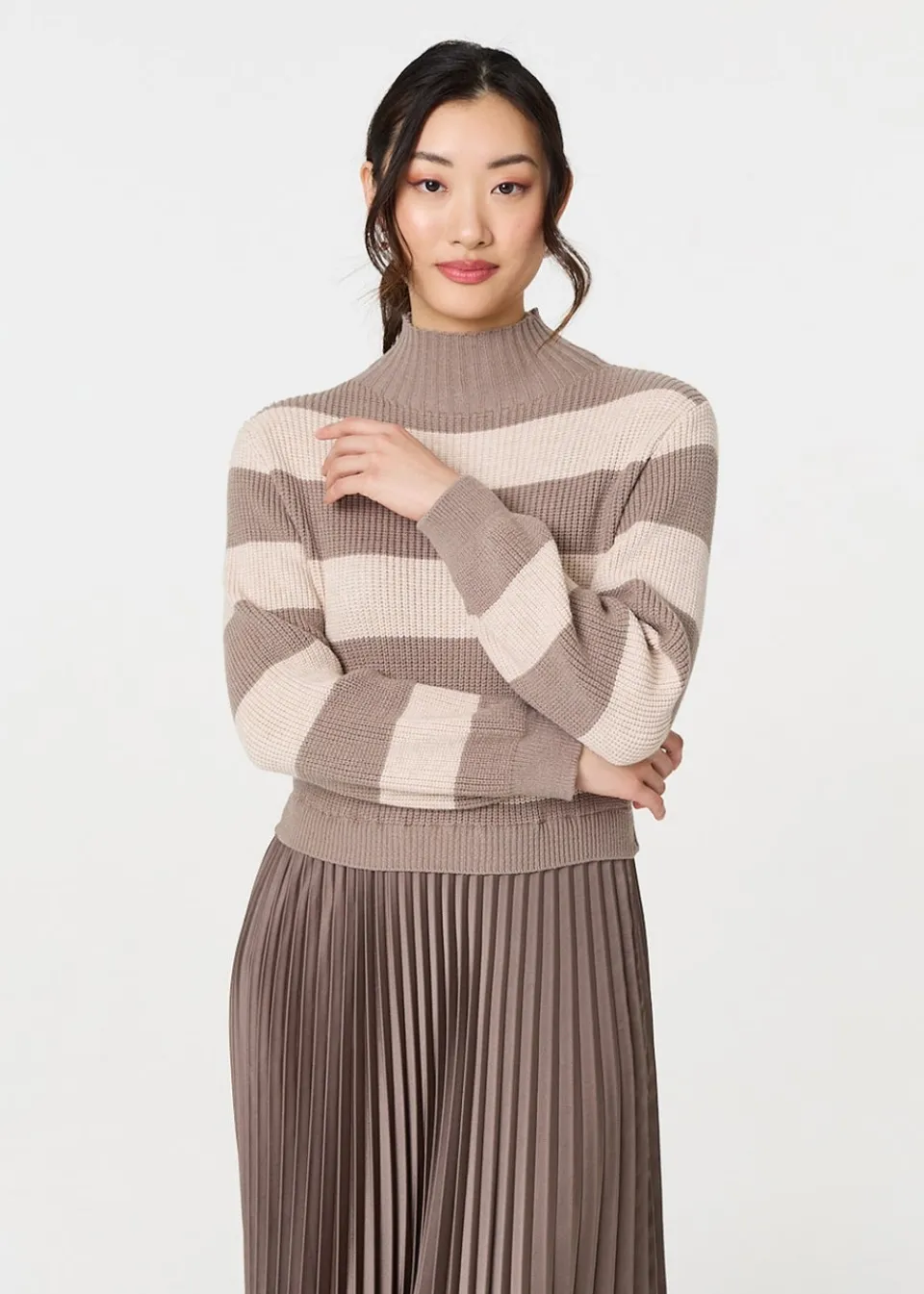 Knitwear>Izabel London Brown Striped High Neck Pleat Knit Maxi Dress