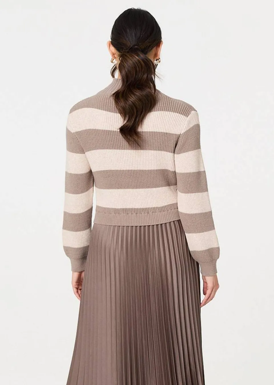 Knitwear>Izabel London Brown Striped High Neck Pleat Knit Maxi Dress