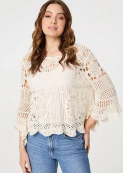 Tops>Izabel London Cream Crochet Lace 3/4 Sleeve Top