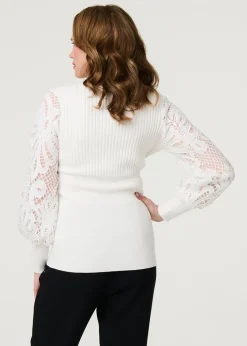 Tops>Izabel London Cream Floral Lace Puff Sleeve Fitted Knit Top