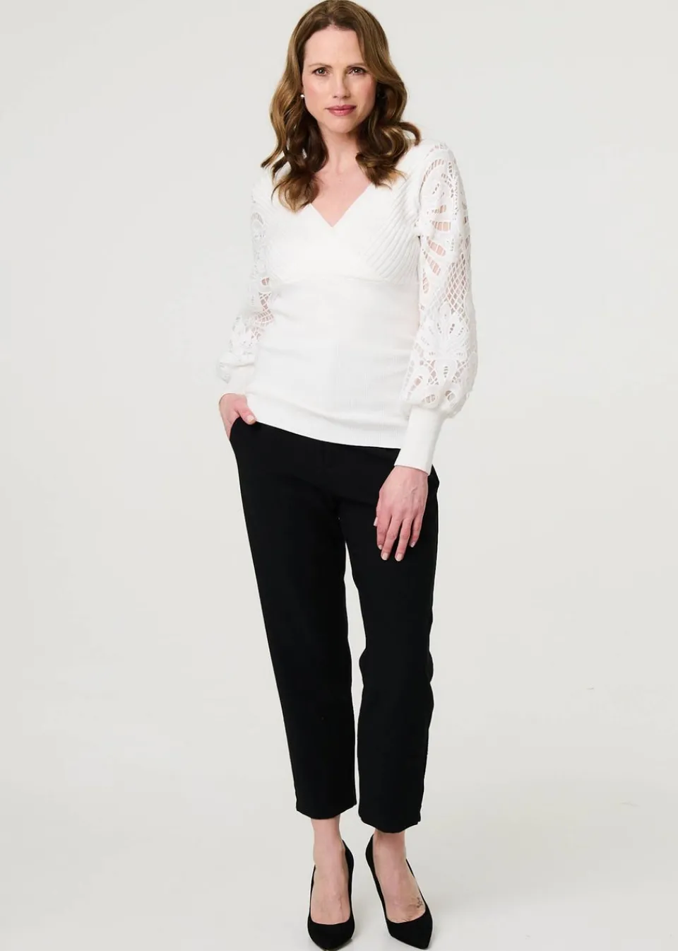 Tops>Izabel London Cream Floral Lace Puff Sleeve Fitted Knit Top