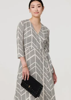 Dresses>Izabel London Cream Printed Knee Length Wrap Dress