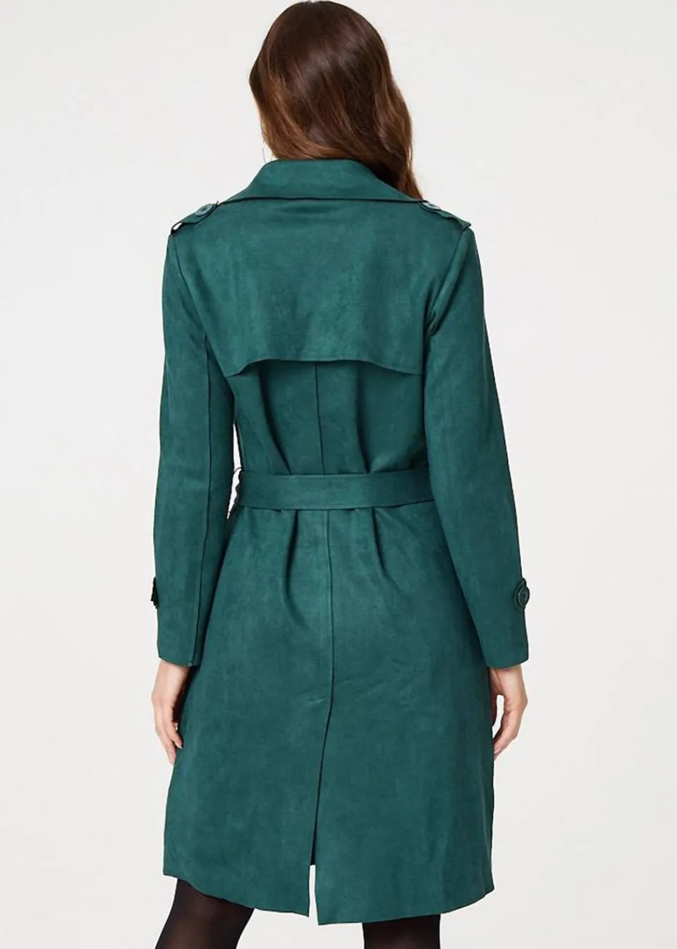 Coats & Jackets>Izabel London Green Faux Suede Button Front Trench Coat