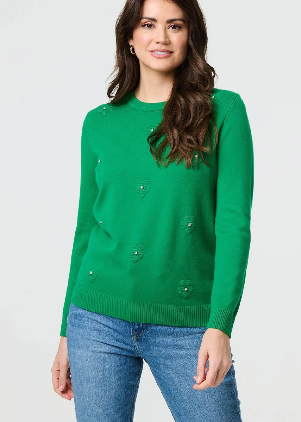 Tops>Izabel London Green Floral Gemstone Embellished Jumper