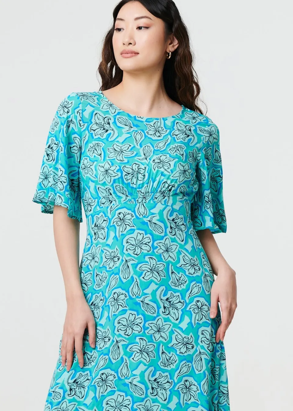 Dresses>Izabel London Green Floral Flare Sleeve Midi Dress