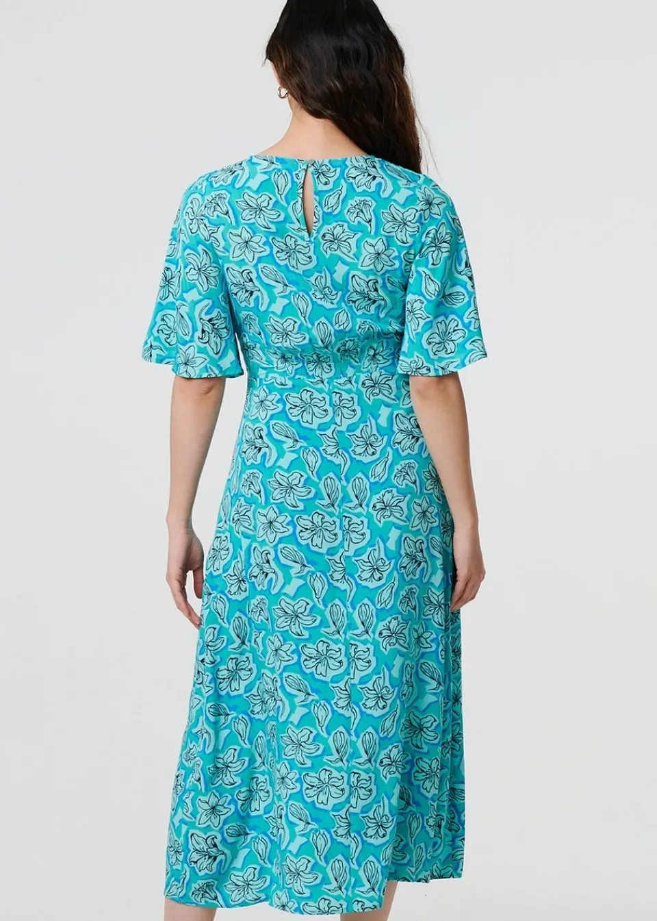 Dresses>Izabel London Green Floral Flare Sleeve Midi Dress