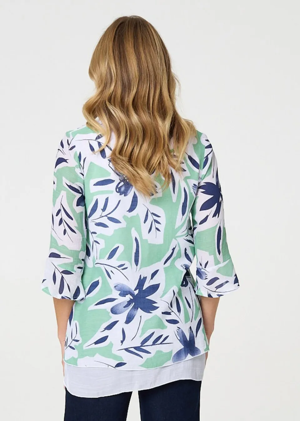 Tops>Izabel London Green Floral Print Layered Relaxed Tunic Top