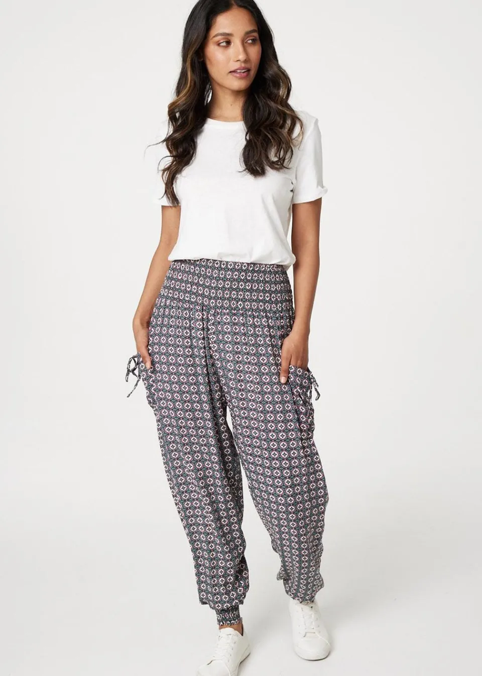 Trousers>Izabel London Green Geo Print Pull On Harem Pants