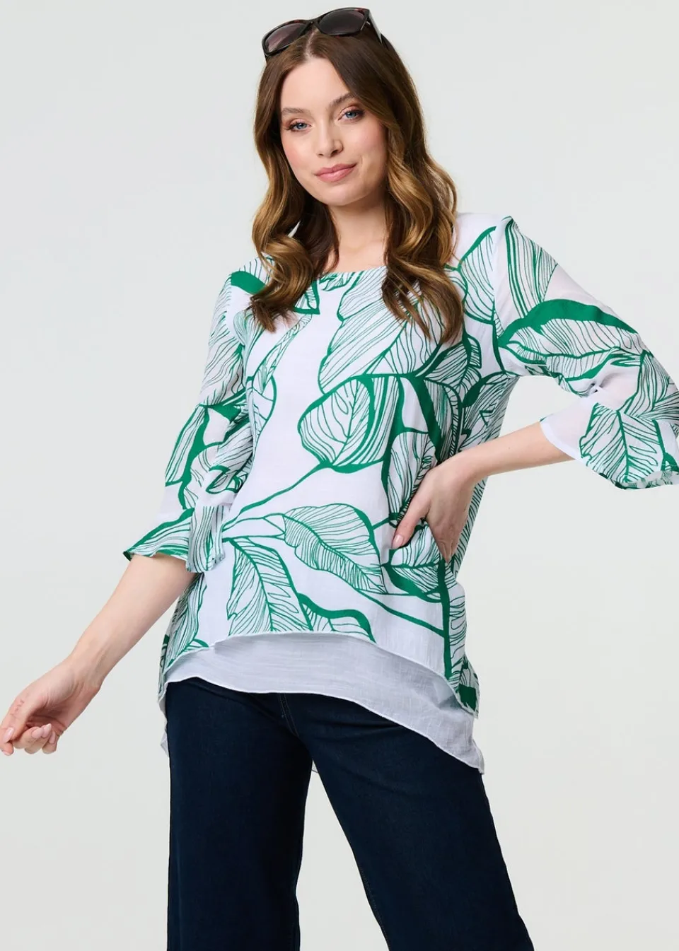 Tops>Izabel London Green Leaf Print 3/4 Sleeve Layered Tunic Top