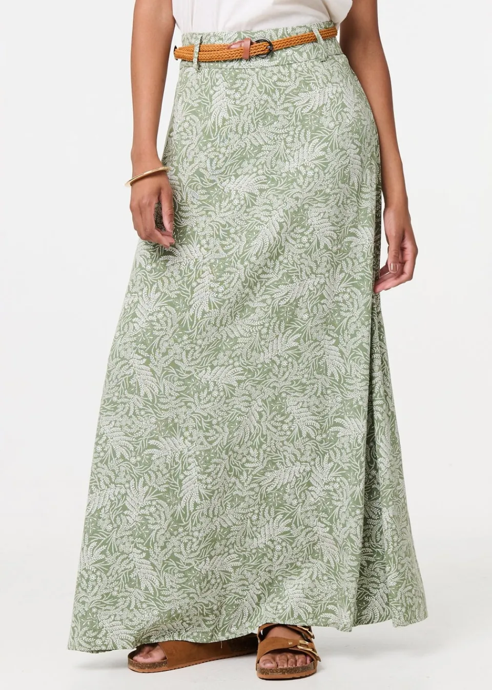 Skirts>Izabel London Green Leaf Print Belt Detail Maxi Skirt