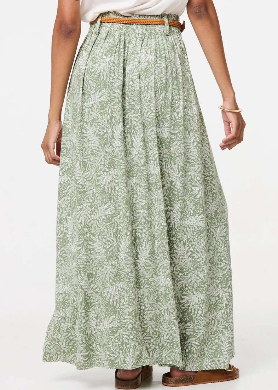 Skirts>Izabel London Green Leaf Print Belt Detail Maxi Skirt