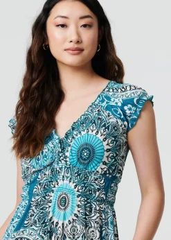 Dresses>Izabel London Green Mosaic Print Cap Sleeve Empire Maxi Dress
