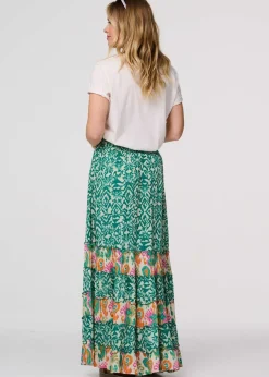 Skirts>Izabel London Green Patchwork Tassel Tie High Waist Maxi Dress