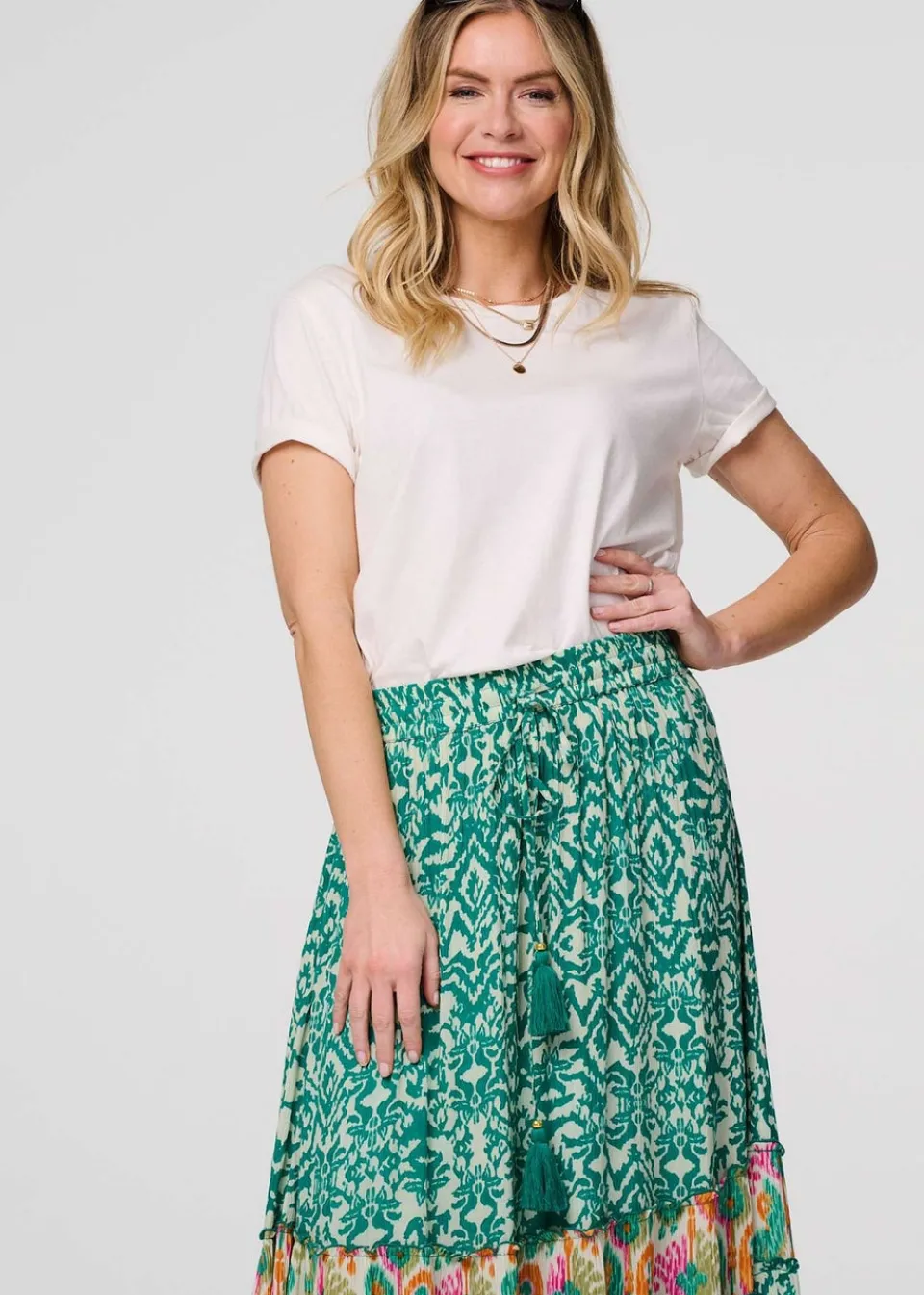 Skirts>Izabel London Green Patchwork Tassel Tie High Waist Maxi Dress