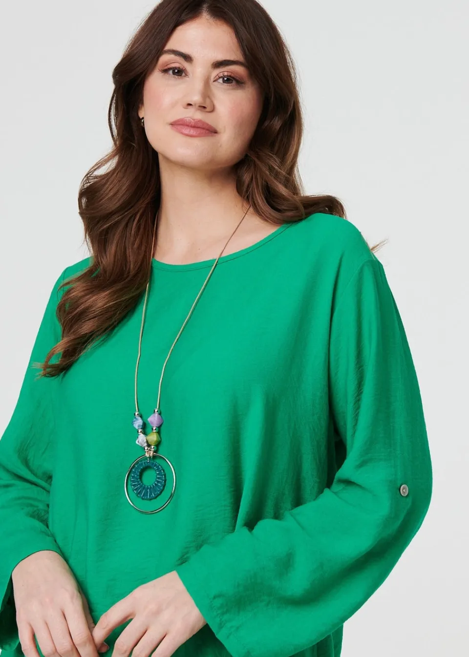 Tops>Izabel London Green Ruffle Curved Hem Long Sleeve Blouse