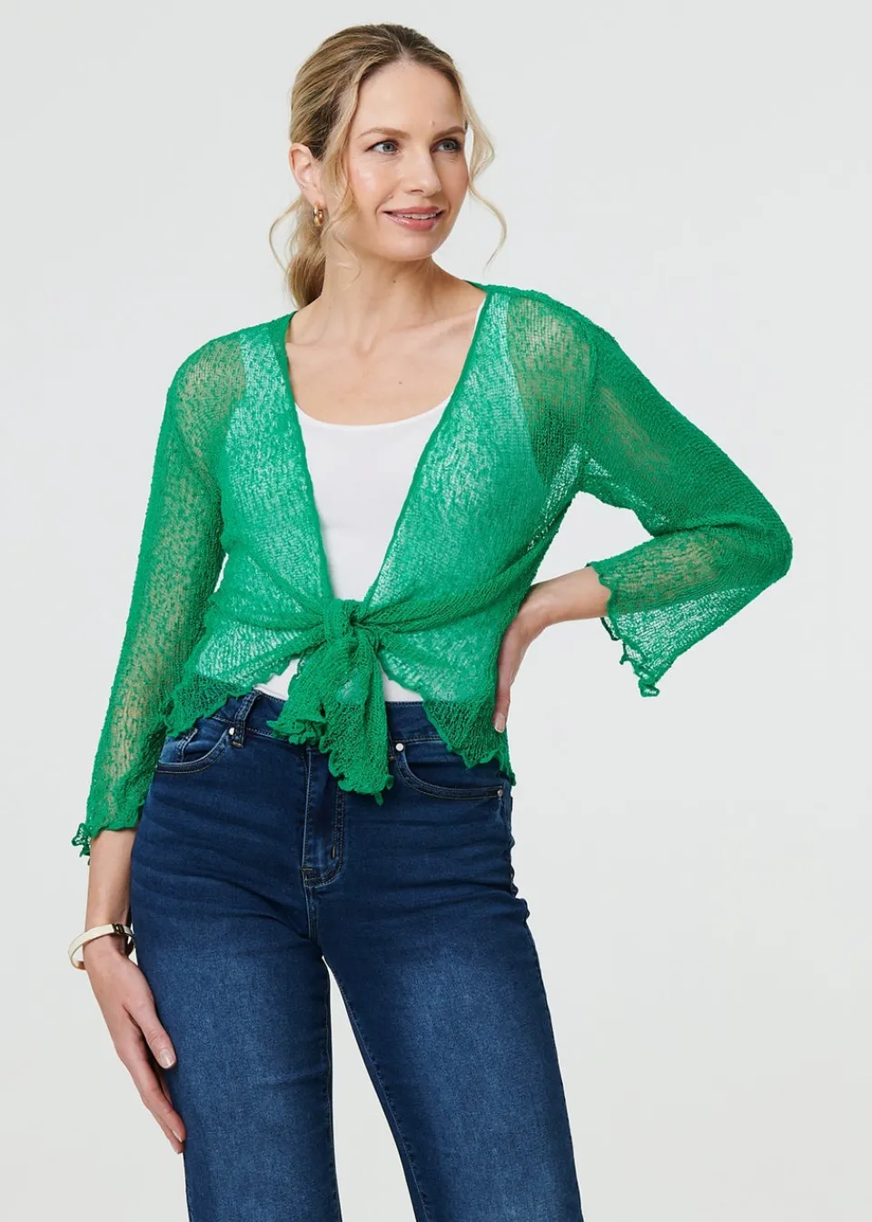 Knitwear>Izabel London Green Sheer 3/4 Sleeve Open Front Cardigan