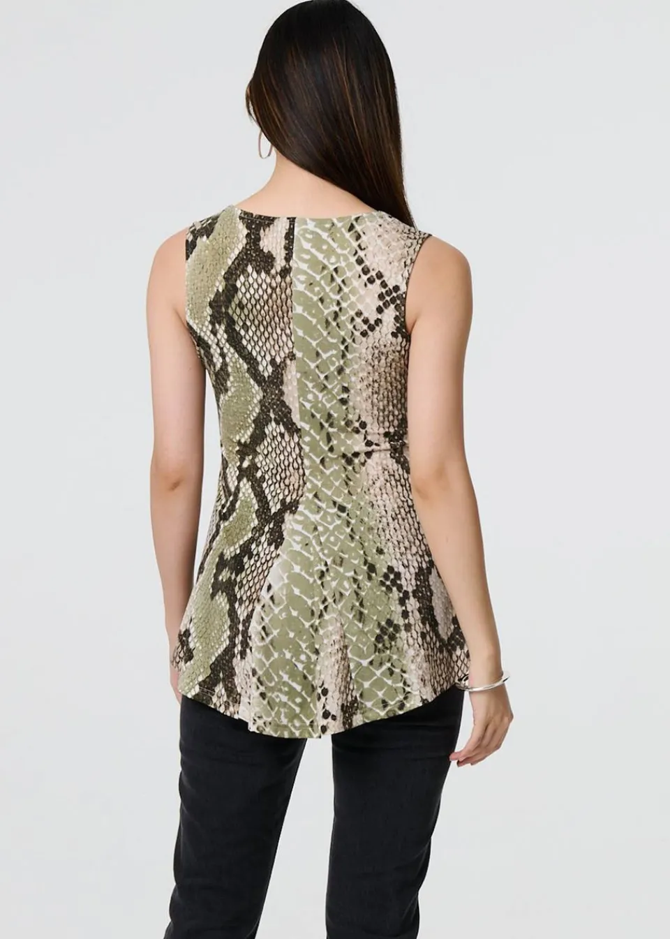 Tops>Izabel London Green Snake Print Sleeveless Curve Hem Top
