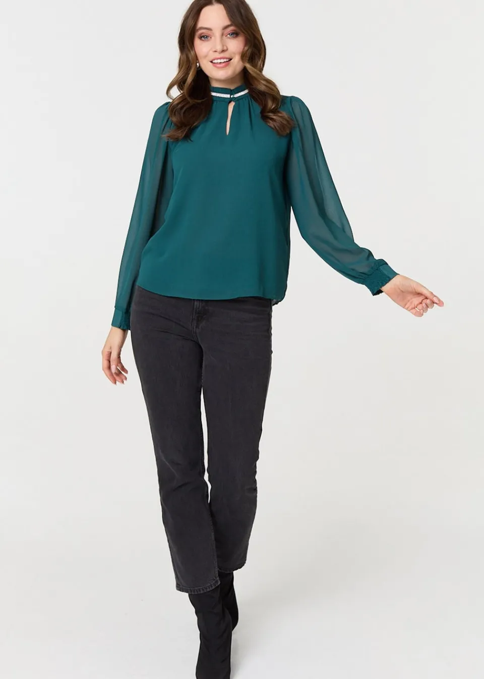 Tops>Izabel London Green Sparkle Trim High Neck Semi Sheer Blouse