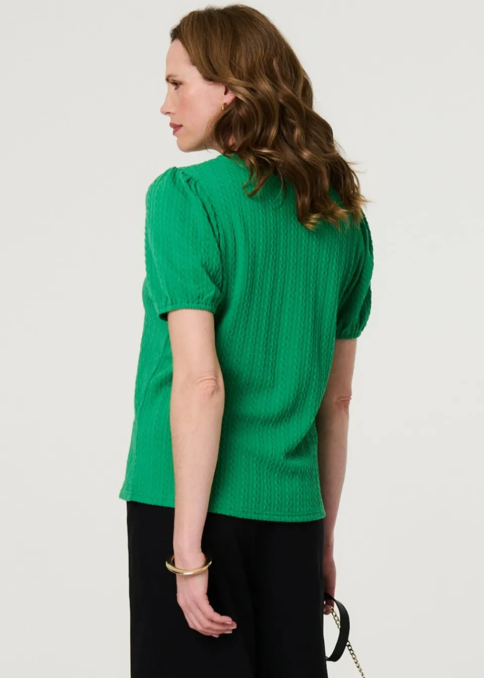 Tops>Izabel London Green Textured Knit Short Puff Sleeve Top