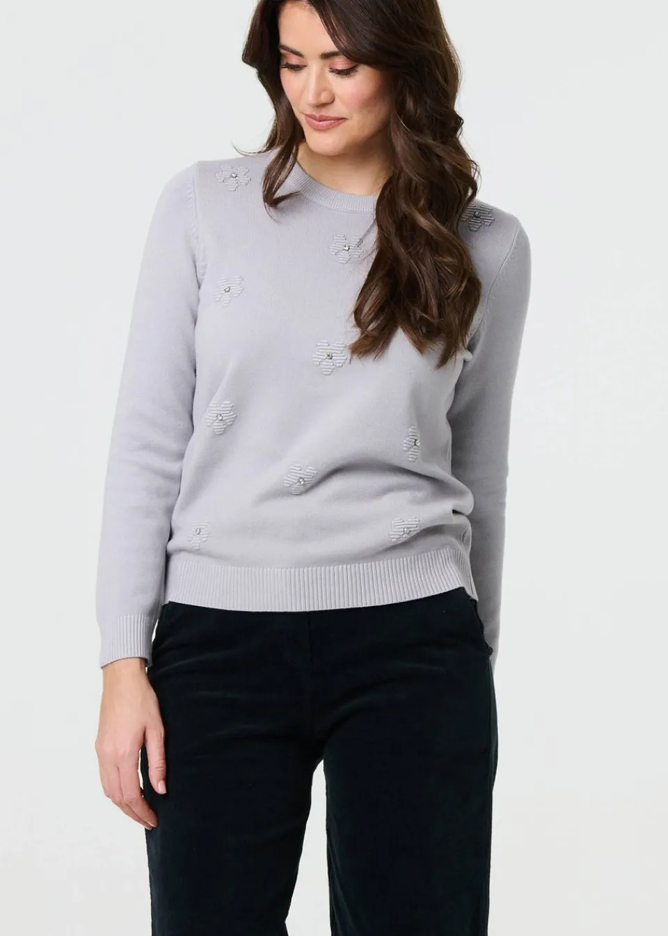 Tops>Izabel London Grey Floral Gemstone Embellished Jumper