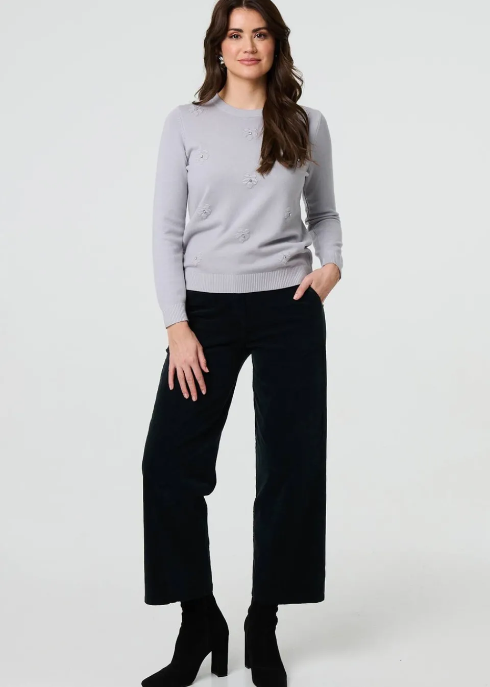 Tops>Izabel London Grey Floral Gemstone Embellished Jumper