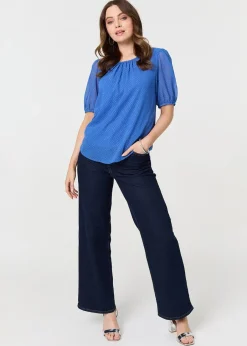Tops>Izabel London Indigo Polka Dot Print Semi Sheer Blouse