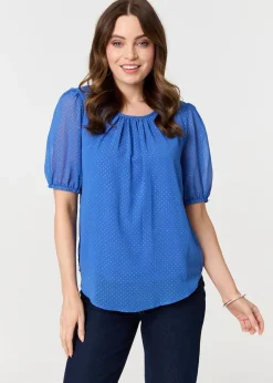 Tops>Izabel London Indigo Polka Dot Print Semi Sheer Blouse