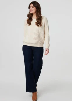 Tops>Izabel London Ivory Floral Embroidered Drop Shoulder Jumper