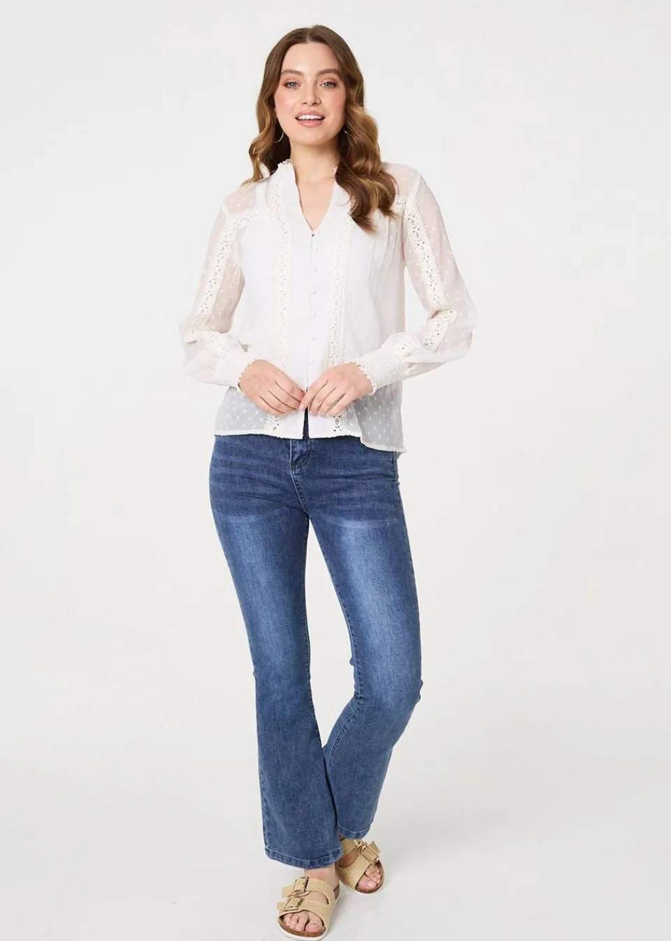 Tops>Izabel London Ivory Lace Trim High Neck Long Sleeve Blouse