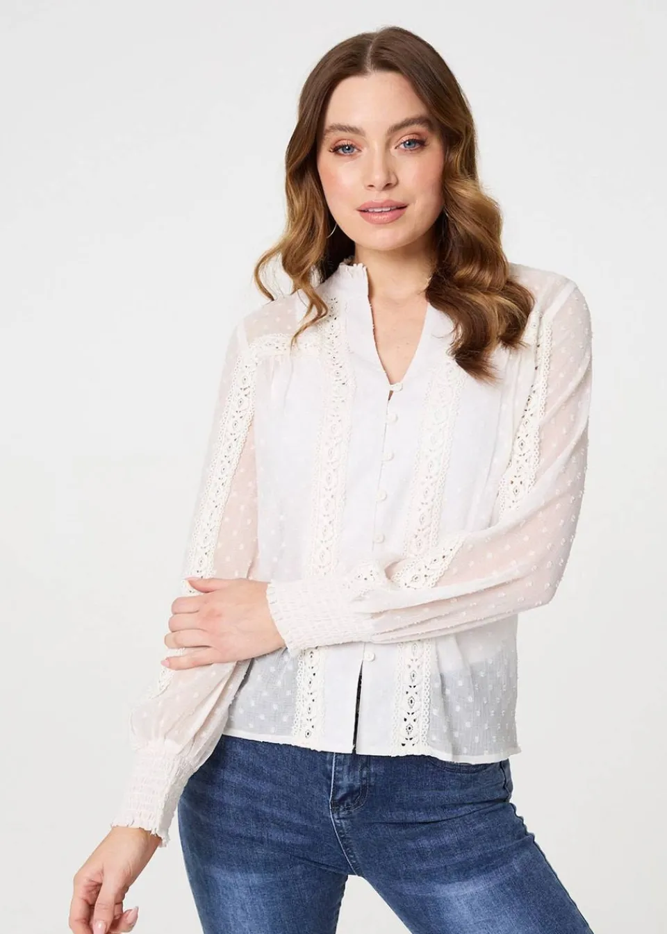 Tops>Izabel London Ivory Lace Trim High Neck Long Sleeve Blouse