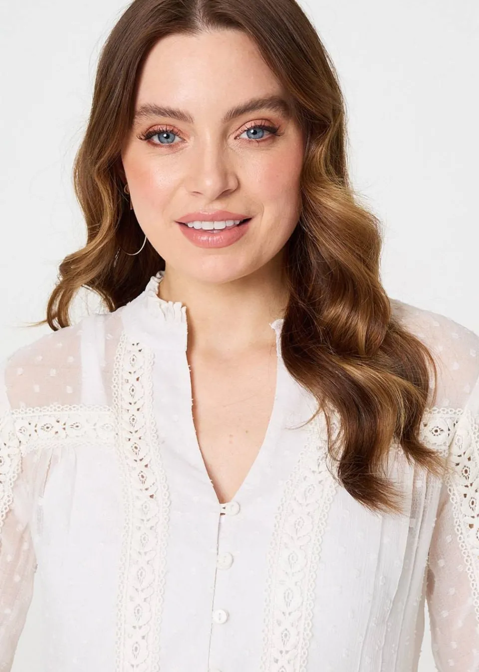 Tops>Izabel London Ivory Lace Trim High Neck Long Sleeve Blouse